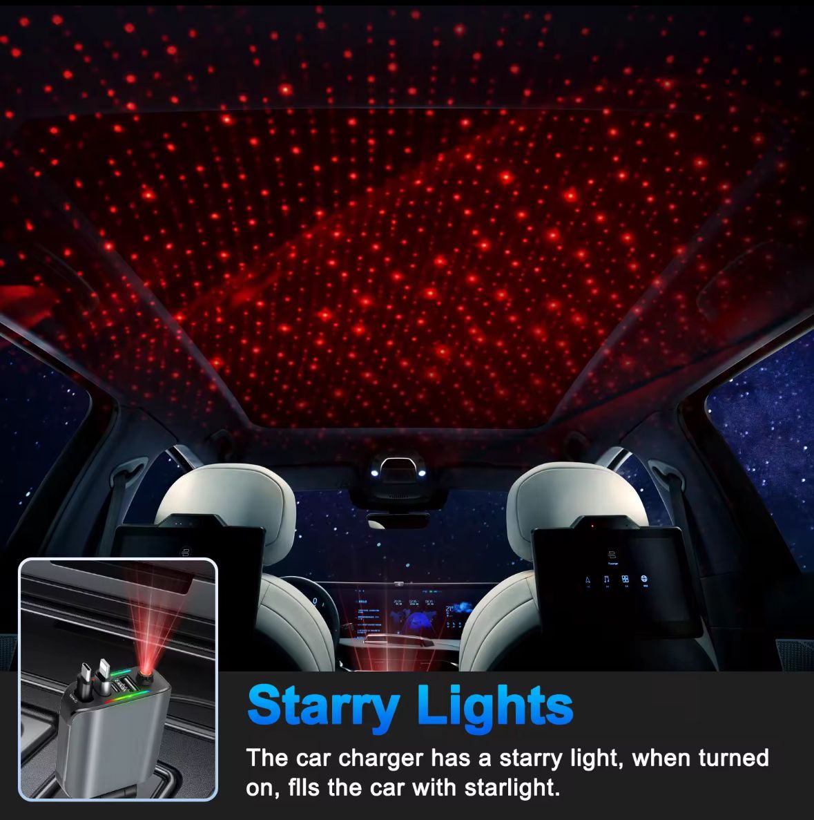 4-in-1 Laser Light Fast Car Charger with Starry Ambient Lights - Image 2