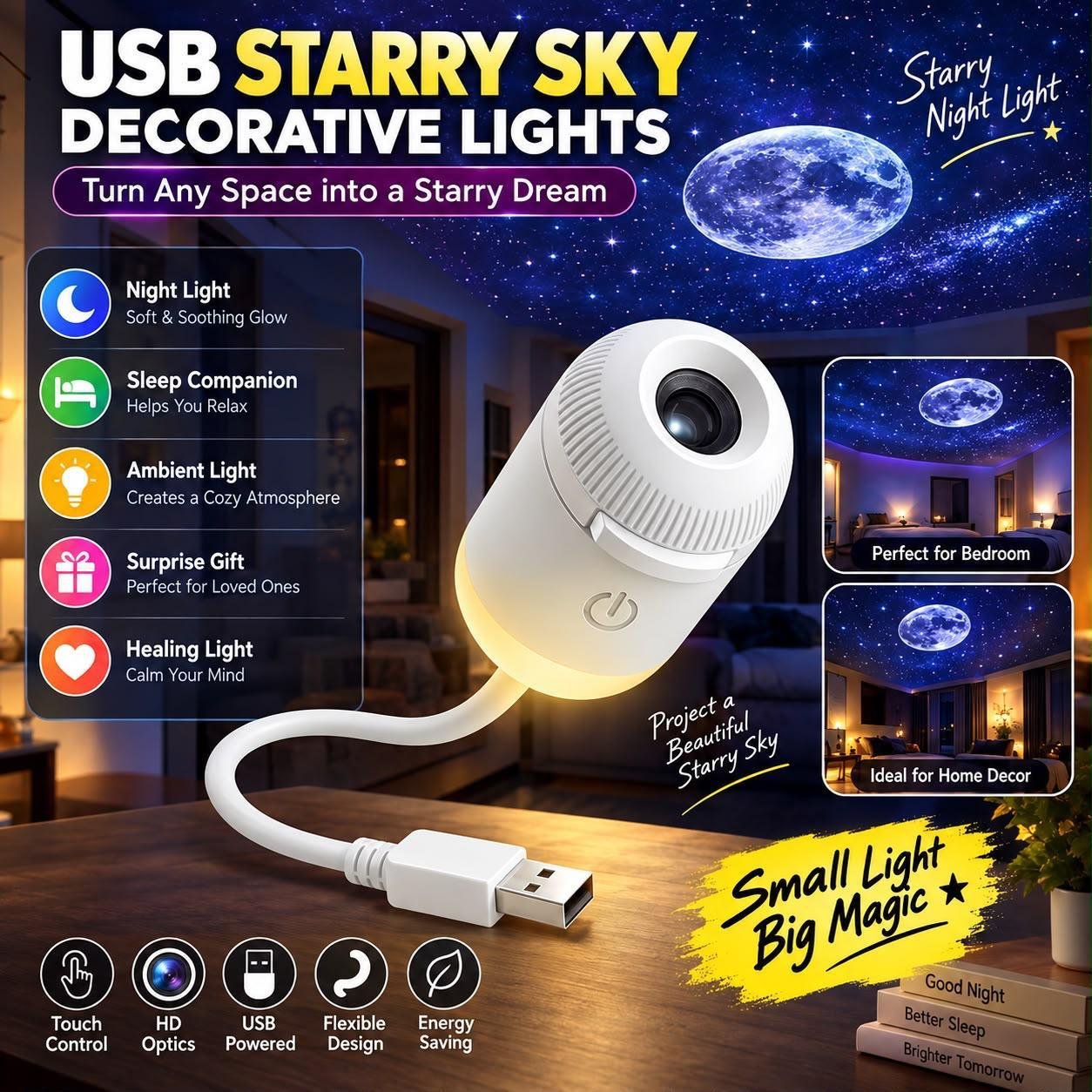 USB Starry Sky Galaxy Projector Night Light with 6 Projection Discs